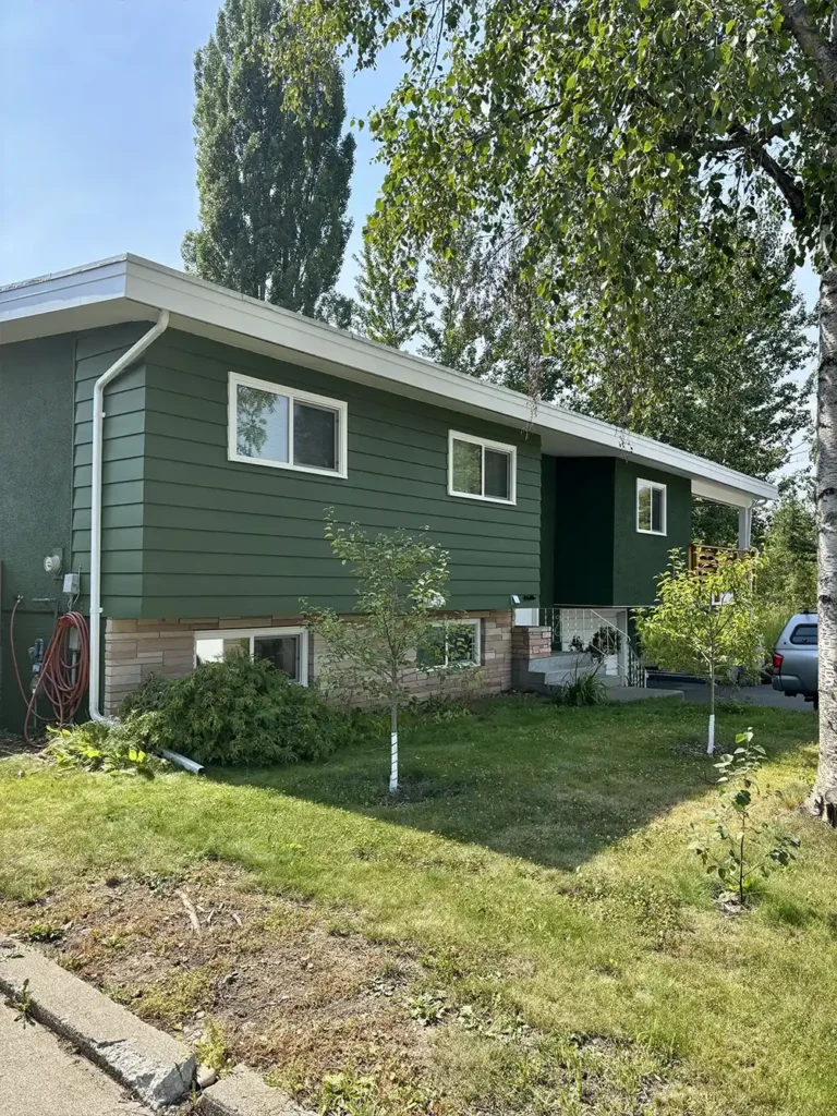 Home exterior painted dark green